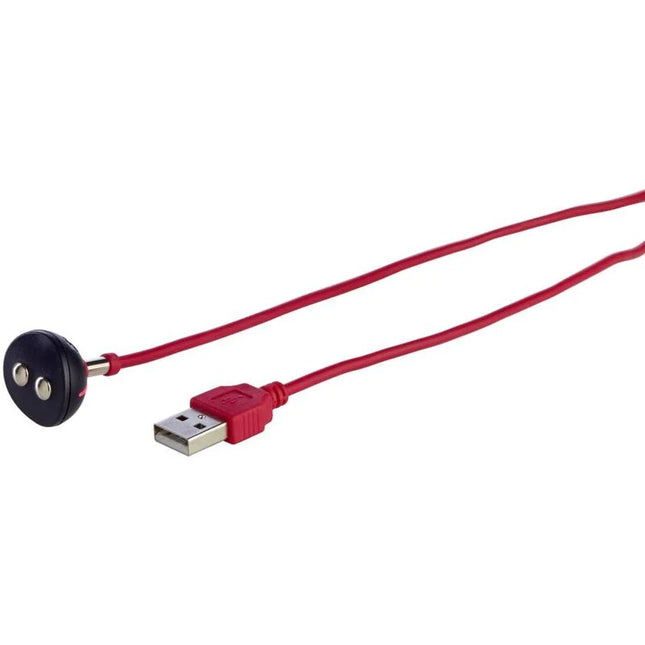 Rotes fun factory usb-magnet-ladegerät mit schwarzem rundem stecker und zwei metallischen kontakten
