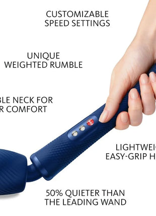 Blaue silikon vibration wand mit flexiblem hals und strukturierter griffoberfläche von fun factory