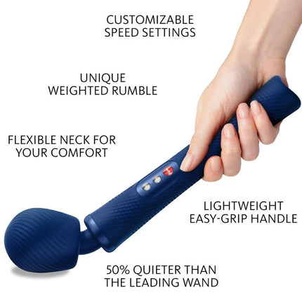 Blaue silikon vibration wand mit flexiblem hals und strukturierter griffoberfläche von fun factory