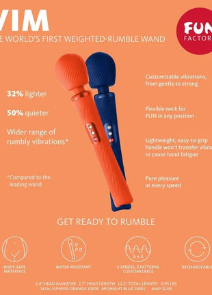 Fun factory vim silikon wiederaufladbarer, vibrierender, gewichteter rumble wand in orange und blau mit strukturierten griffen und steuerknöpfen