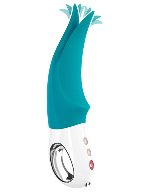 Teal-weißer silikon klitoralvibrator fun factory volta g5 mit gebogenem blattförmigem kopf und bedienknöpfen