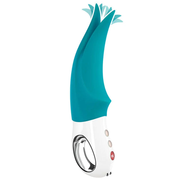 Teal-weißer silikon klitoralvibrator fun factory volta g5 mit gebogenem blattförmigem kopf und bedienknöpfen