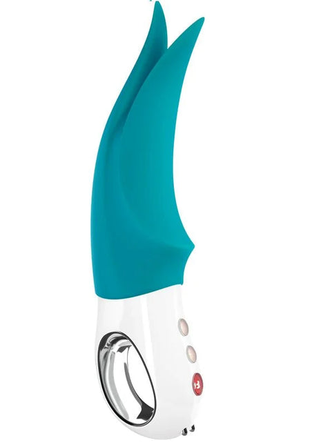 Teal und weiße h2o wand mit schlankem ergonomischem design und silikonspitzen für den fun factory volta g5 klitoralvibrator benzin