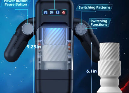 Schwarzer game cup vibration masturbator mit transparentem frontpanel, blauen leuchten und ergonomischen griffen