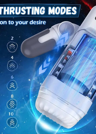 Weiß-graues handheld game cup stoßender vibrations-masturbator mit transparentem blau beleuchtetem zylinder und 10 stößmodi