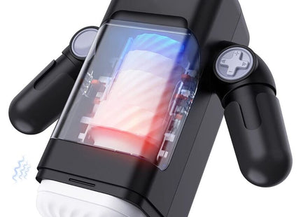 Schwarzer und weißer silikonüberzogener game cup stoßender vibrations-masturbator mit transparentem frontpanel und heizfunktion