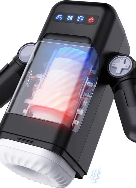 Schwarzer und weißer silikonüberzogener game cup stoßender vibrations-masturbator mit transparentem frontpanel und heizfunktion