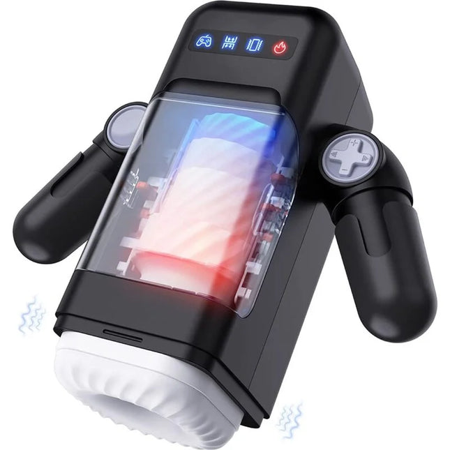 Schwarzer und weißer silikonüberzogener game cup stoßender vibrations-masturbator mit transparentem frontpanel und heizfunktion