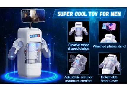 Weißer roboterförmiger telefonhalter mit verstellbaren armen und abnehmbarem vorderdeckel für game cup vibrator