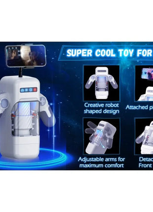 Weißer roboterförmiger telefonhalter mit verstellbaren armen und abnehmbarem vorderdeckel für game cup vibrator