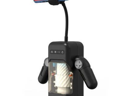 Schwarzer game cup vibrations-masturbator mit heizfunktion und flexiblem ständer für iphone in roboterdesign