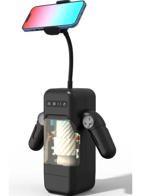 Schwarzer game cup vibrations-masturbator mit heizfunktion und flexiblem ständer für iphone in roboterdesign