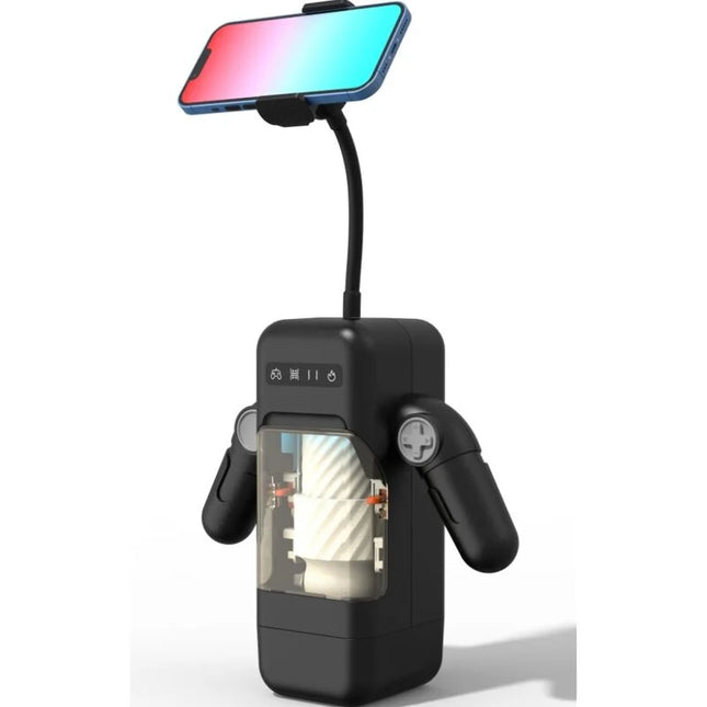 Schwarzer game cup vibrations-masturbator mit heizfunktion und flexiblem ständer für iphone in roboterdesign