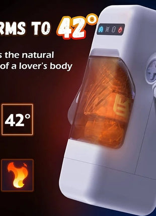 Weißer plastik erhitzter körper simulator mit transparentem orangefarbenem gel gefülltem fach und steuerknöpfen für game cup stoßender vibrationsmasturbator mit heizfunktion schwarz