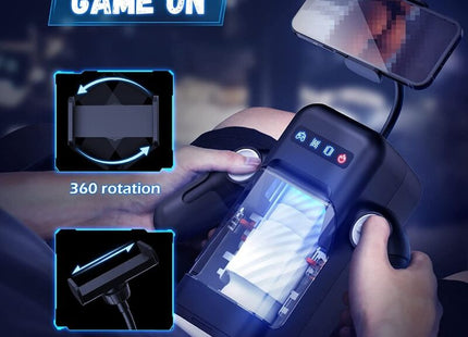 Schwarzer game cup stoßender vibrations-masturbator mit heizfunktion und 360-grad drehbarem universal handyhalter