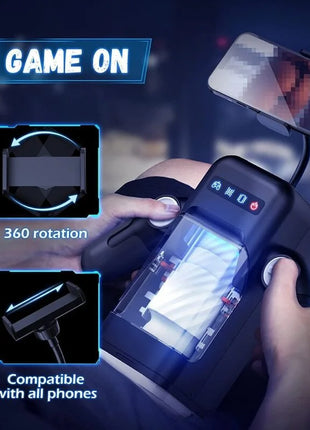 Schwarzer game cup stoßender vibrations-masturbator mit heizfunktion und 360-grad drehbarem universal handyhalter