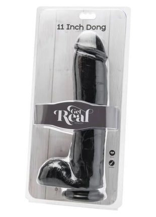 Schwarzer 28 cm get real dildo mit schwarzen eiern in klarer kunststoffverpackung