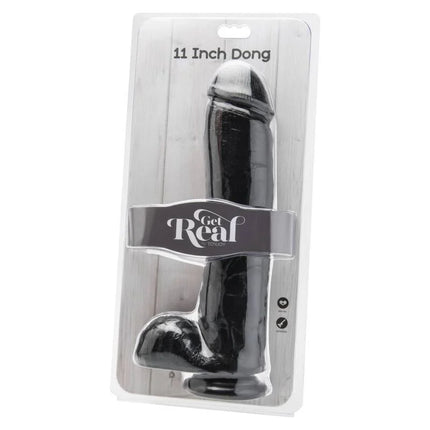 Schwarzer 28 cm get real dildo mit schwarzen eiern in klarer kunststoffverpackung