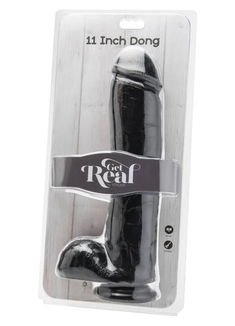 Schwarzer 28 cm get real dildo mit schwarzen eiern in klarer kunststoffverpackung