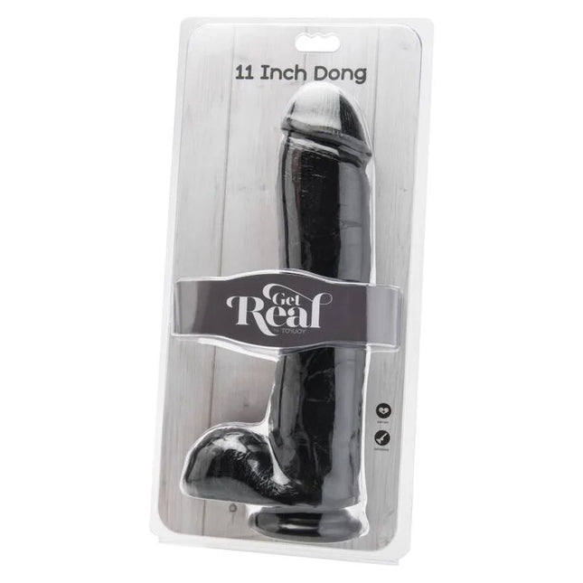Schwarzer 28 cm get real dildo mit schwarzen eiern in klarer kunststoffverpackung