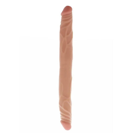 Beiges doppeldong 35 cm aus silikon mit strukturierter oberfläche und spitz zulaufenden enden von get real