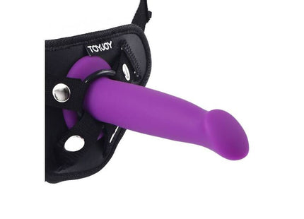 Lila silikon dildo mit schwarzem harness von toyjoy get real goodhead dong 12 cm
