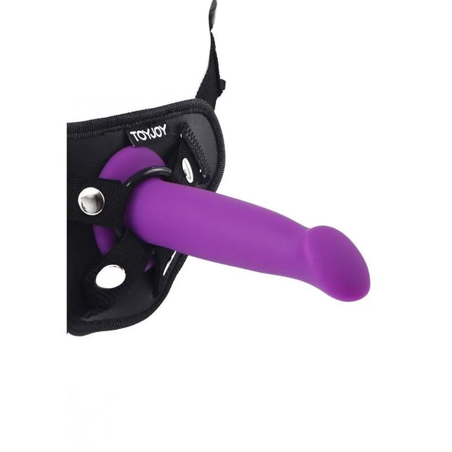 Lila silikon dildo mit schwarzem harness von toyjoy get real goodhead dong 12 cm
