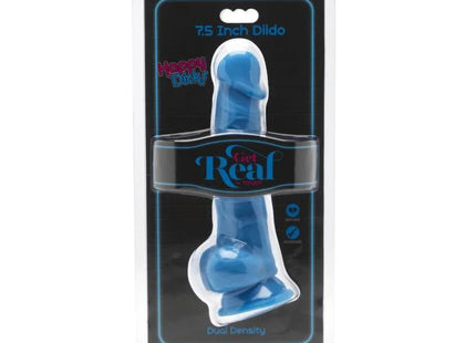Blauer 7,5 zoll dildo aus kunststoff in klarer verpackung mit get real branding aus der happy dicks serie