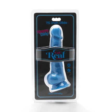Blauer 7,5 zoll dildo aus kunststoff in klarer verpackung mit get real branding aus der happy dicks serie