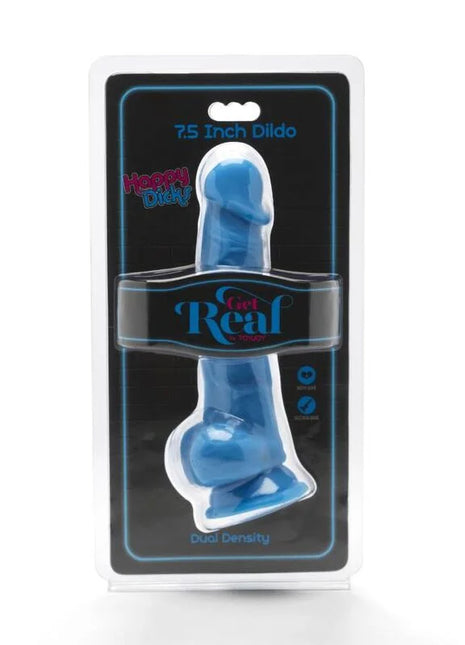 Blauer 7,5 zoll dildo aus kunststoff in klarer verpackung mit get real branding aus der happy dicks serie