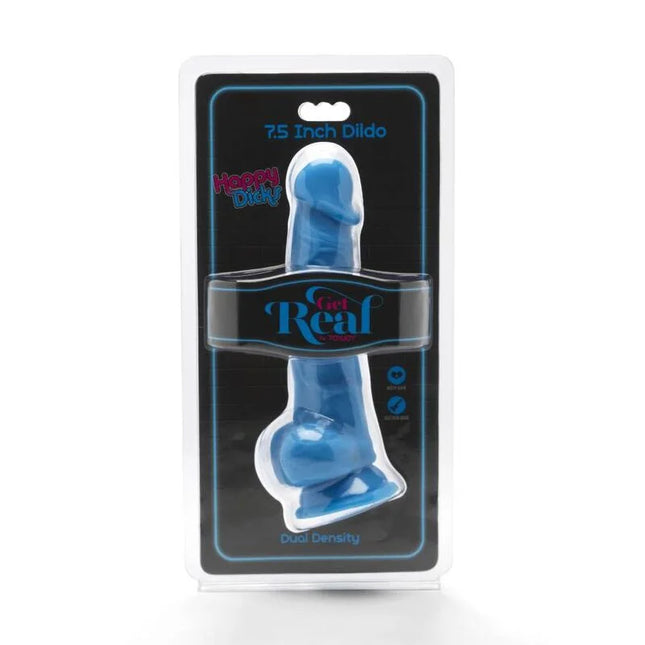 Blauer 7,5 zoll dildo aus kunststoff in klarer verpackung mit get real branding aus der happy dicks serie