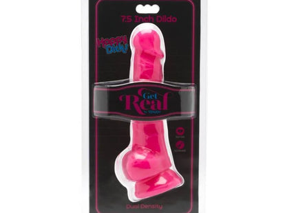 Ein lebendiger pinkfarbener 19 cm dualdichte dildo von happy dicky in originalverpackung