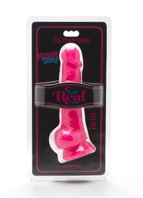 Ein lebendiger pinkfarbener 19 cm dualdichte dildo von happy dicky in originalverpackung