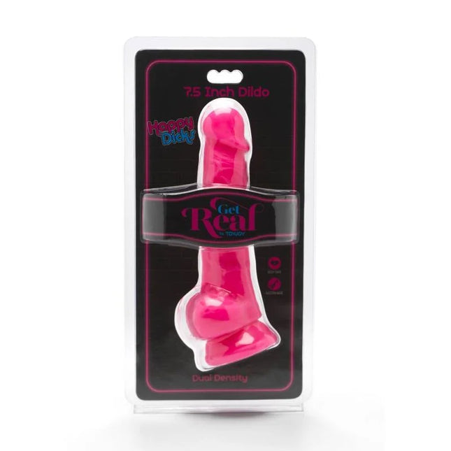 Ein lebendiger pinkfarbener 19 cm dualdichte dildo von happy dicky in originalverpackung