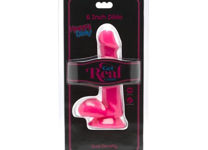 Ein lebendiger pinkfarbener 12 cm dualdichtet dildo von happy dicky in klarem plastikverpackung