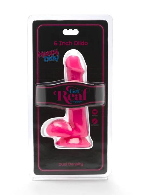 Ein lebendiger pinkfarbener 12 cm dualdichtet dildo von happy dicky in klarem plastikverpackung