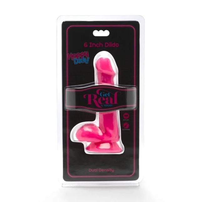 Ein lebendiger pinkfarbener 12 cm dualdichtet dildo von happy dicky in klarem plastikverpackung