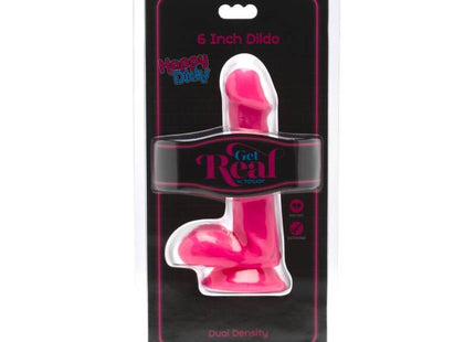 Ein lebendiger pinkfarbener 12 cm dualdichtet dildo von happy dicky in klarem plastikverpackung