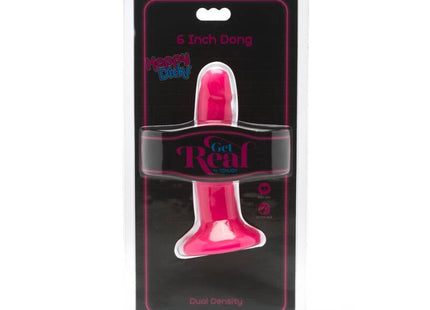Ein lebhafter rosa glänzender 6 zoll plastischer dildo in der originalverpackung get real happy dicks dong 12 cm rosa