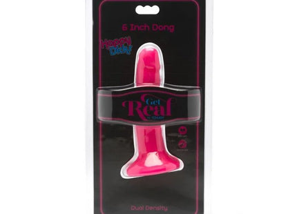 Ein lebhafter rosa glänzender 6 zoll plastischer dildo in der originalverpackung get real happy dicks dong 12 cm rosa
