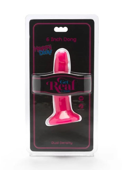 Ein lebhafter rosa glänzender 6 zoll plastischer dildo in der originalverpackung get real happy dicks dong 12 cm rosa