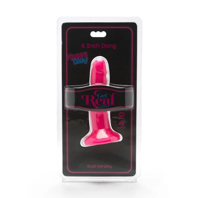 Ein lebhafter rosa glänzender 6 zoll plastischer dildo in der originalverpackung get real happy dicks dong 12 cm rosa