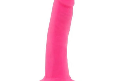 Ein lebendiger pinkfarbener silikon dildo mit glatter oberfläche, abgerundetem kopf und breiter basis, happy dicks dong 12 cm rosa