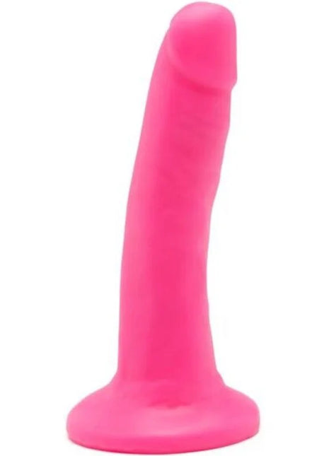 Ein lebendiger pinkfarbener silikon dildo mit glatter oberfläche, abgerundetem kopf und breiter basis, happy dicks dong 12 cm rosa