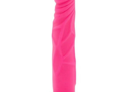 Hellrosa silikon dildo mit strukturierter, gerippter oberfläche und runder basis aus der happy dicks serie von get real