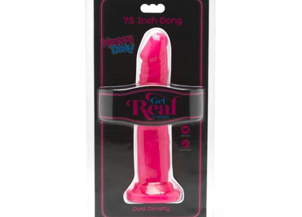 Ein lebhafter pinkfarbener 19 cm dual-dichte dildo von happy dicks in transparenter plastikverpackung get real