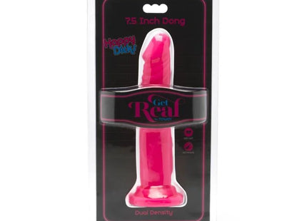 Ein lebhafter pinkfarbener 19 cm dual-dichte dildo von happy dicks in transparenter plastikverpackung get real