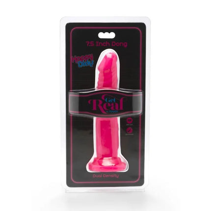 Ein lebhafter pinkfarbener 19 cm dual-dichte dildo von happy dicks in transparenter plastikverpackung get real