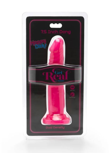 Ein lebhafter pinkfarbener 19 cm dual-dichte dildo von happy dicks in transparenter plastikverpackung get real