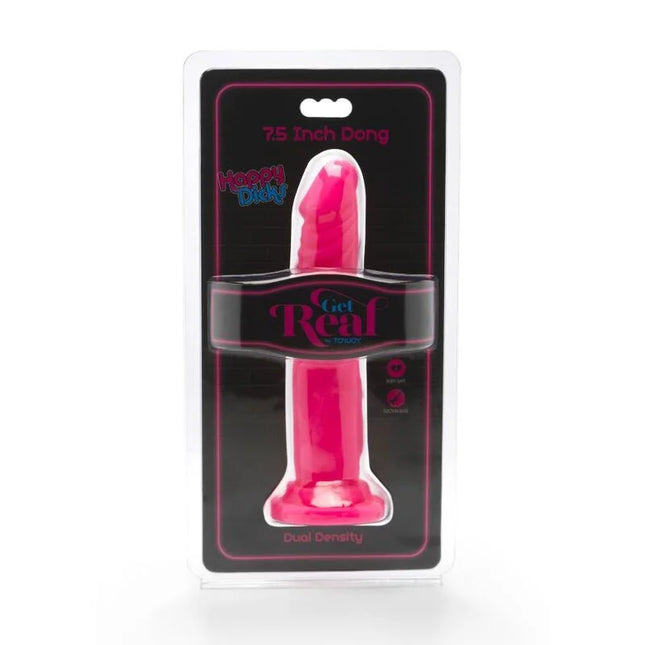 Ein lebhafter pinkfarbener 19 cm dual-dichte dildo von happy dicks in transparenter plastikverpackung get real